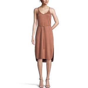 Sleeveless V-Neck Brown Midi Dress with Tie Waist